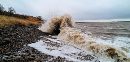 Waves crashing on a rocky shoreline under a cloudy sky with dry grass on the left side.