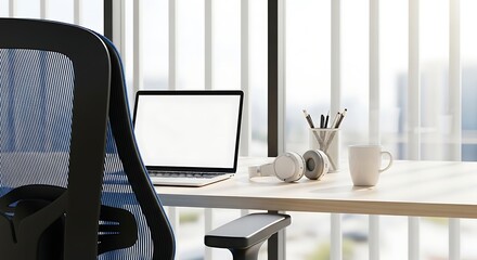 Laptop with Blank White Screen on a Sleek Desk Near Large Windows