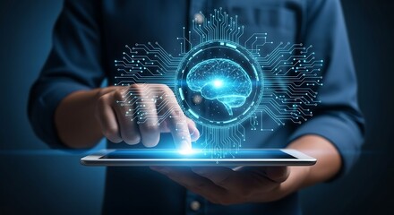 Hands Touching Screen Displaying Glowing Brain and Circuit Lines