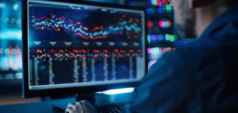 A person analyzes colorful stock market charts and data on a computer screen in a dimly lit, high-tech trading environment.