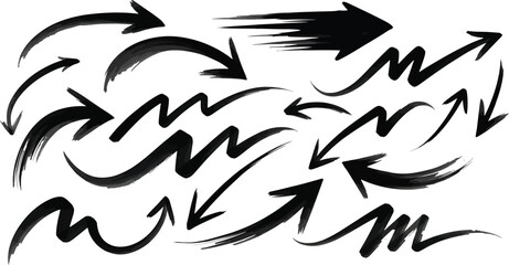 Fototapeta premium Set of black brush stroke arrows pointing in various directions, artistic design, isolated on white background