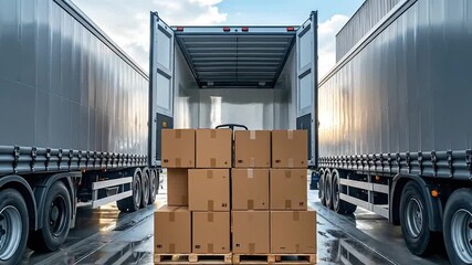 Logistics and Transportation Boxes being loaded onto a semi-truck trailer for delivery - Powered by Adobe