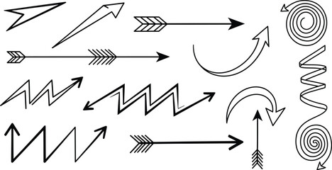 Handdrawn doodle arrow elements set with various styles including straight, zigzag, curved, and spiral