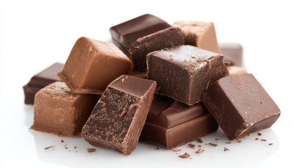 A pile of chocolate bars with different flavors and sizes. Concept of indulgence and pleasure, as the chocolate bars are piled high and ready to be enjoyed