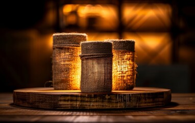 Three rustic burlap-wrapped candles glow warmly on a wooden tray against a dark, cozy background.