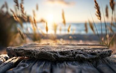 A close-up of weathered wooden planks with blurred beach grass and ocean waves in the background during a golden sunset.