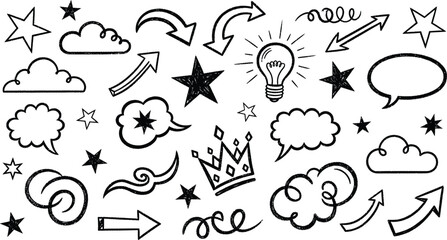 Diverse hand drawn doodle elements set with stars, clouds, arrows, lightbulb, and crown isolated on white background