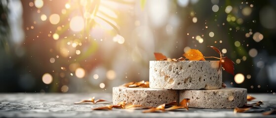 Round stone slabs stacked outdoors with autumn leaves scattered on and around them, illuminated by warm, soft sunlight and bokeh light effects.