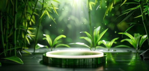 A serene green bamboo forest with sunlight filtering through, highlighting a circular water pool surrounded by lush plants and gentle water droplets.