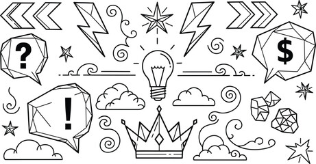 Hand drawn doodle set with speech bubbles, light bulb, lightning, stars, clouds, and crown, isolated on white background