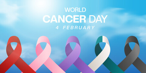 February 4 is World Cancer Day. Ribbon, cloud and sun. Suitable for posters, banners and social media. Blue background.