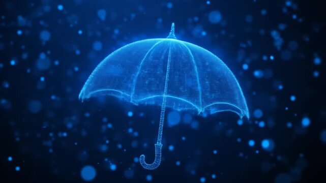 A glowing digital blue umbrella made of interconnected dots. 4k video