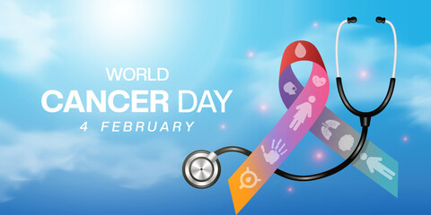 February 4 is World Cancer Day. Ribbon, stethoscope, cloud, sun, people, lung and more. Suitable for posters, banners and social media. Blue background.
