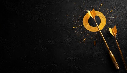 Two golden darts hit a bright golden target on a black textured background, symbolizing precision and achievement.