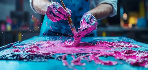 A close-up of a person using a brush to spread bright pink paint on a canvas, with paint-covered hands and an artistic work environment in the background.