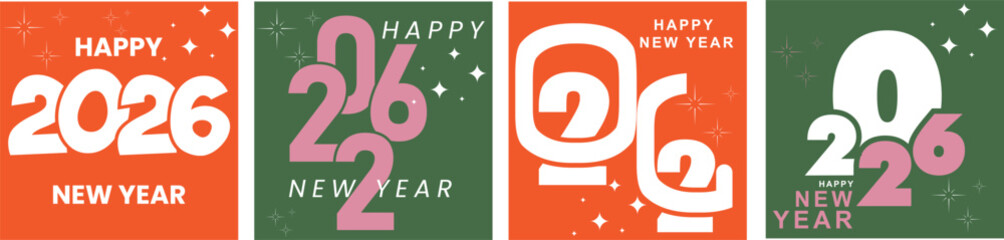 Set of 2026 Happy New Year logo text design. 2026 number design template. Collection of 2026 Happy New Year card, cover, poster. Vector illustration with labels isolated on colorful background