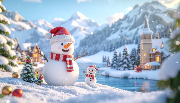 クリスマスの風景と親子の雪だるま　AI生成素材