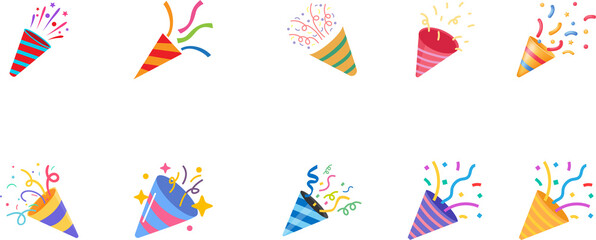 party popper Multi Color Confetti - Party Poper On Transparent Background party horn confetti Birthday party confetti background, festive ribbons and streamer paper spiral stripes, cartoon