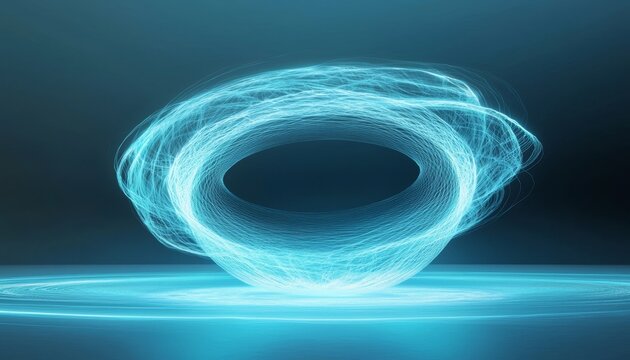 A glowing blue torus of swirling light trails floats above a reflective surface in a dark, futuristic setting.