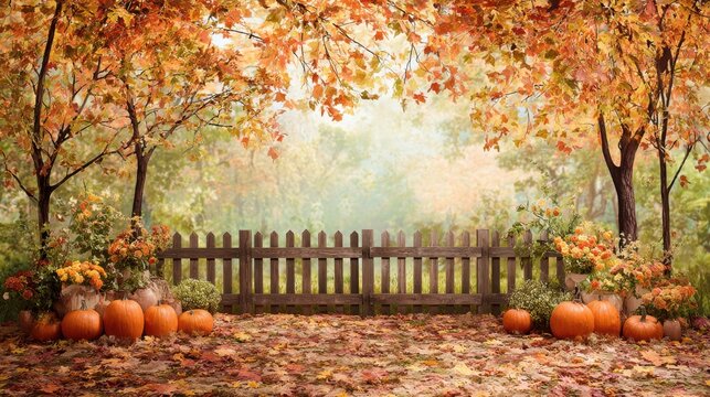A beautiful autumn scene with a wooden fence and a gate. The gate is open and there are pumpkins and leaves scattered around. Scene is warm and inviting
