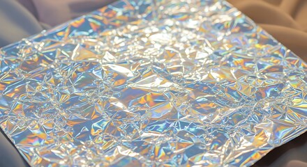 Crinkled holographic foil sheet with iridescent reflections, creating a textured, shimmering surface.