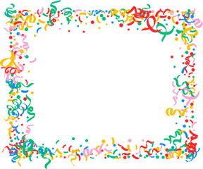 colorful confetti frame Cute abstract frame of colorful confetti, lines, ribbons, curls on light background, hand drawn illustration, flat style, copy space Bright colored confetti background