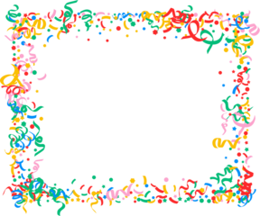 colorful confetti frame Cute abstract frame of colorful confetti, lines, ribbons, curls on light background, hand drawn illustration, flat style, copy space Bright colored confetti background