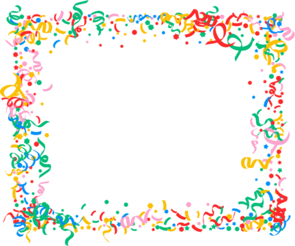 colorful confetti frame Cute abstract frame of colorful confetti, lines, ribbons, curls on light background, hand drawn illustration, flat style, copy space Bright colored confetti background