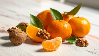 Fresh Tangerines and Walnuts on a White Wooden Table