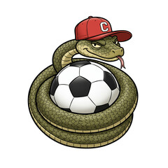 Cartoon snake coils around a soccer ball smiling