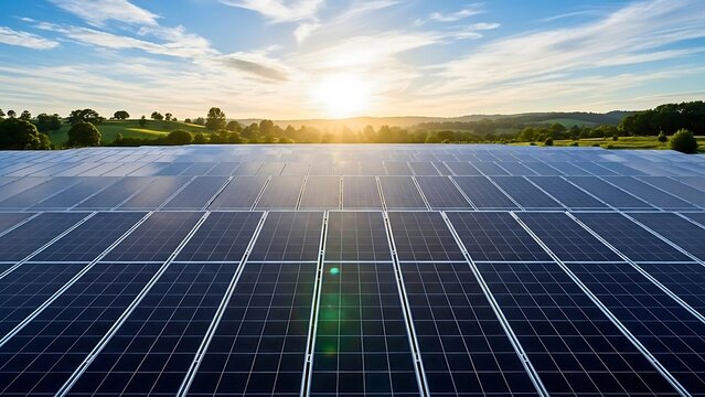 A vast array of solar panels capturing the sun's energy at sunset, symbolizing renewable power and sustainable technology.