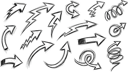 Hand drawn grunge style arrow collection with lightning bolt and spiral shapes isolated on white background