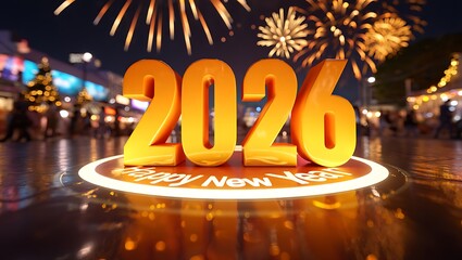 Happy new year 2026 celebration with fireworks and city background