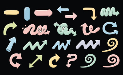 Colorful hand drawn doodle arrows and lines in various shapes on a black background