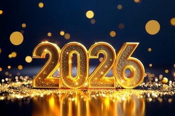 Golden 2026 new year celebration with bokeh lights and glitter dust