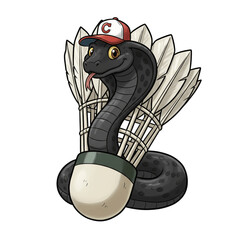 Cartoon snake coils in a shuttlecock with a cap.