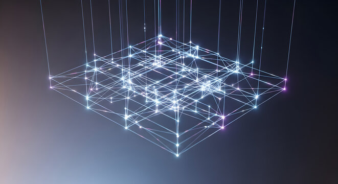 Abstract network of glowing connections forming a digital cube representing data flow and technological innovation. isolated on white background