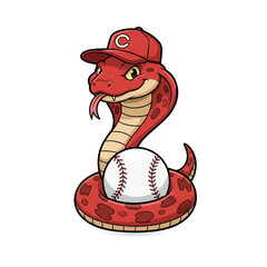 Cartoon snake in baseball cap poses with baseball.