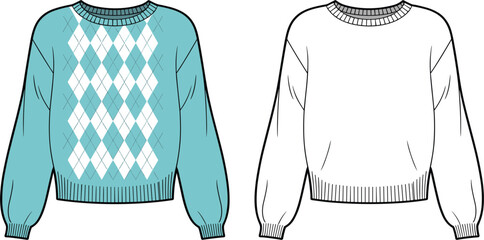 Technical fashion flat sketch of oversized cropped sweater template with classic argyle pattern, balloon sleeves, and ribbed trim, vector