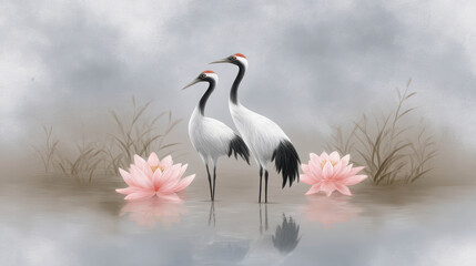 Obraz premium Pair of Elegant Cranes by a Tranquil Pond Surrounded by Lush Pink Lotus Flowers in a Serene Landscape