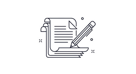 Line art icon showing a pencil writing on a stack of papers, symbolizing documentation, content creation, learning, or office tasks.