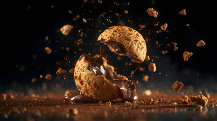 Dynamic splash of melted chocolate with a cookie high-resolution photo
