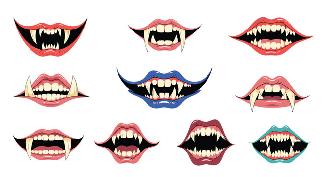 A collection of various cartoon vampire and monster mouths with sharp fangs and different lip styles, perfect for Halloween designs.