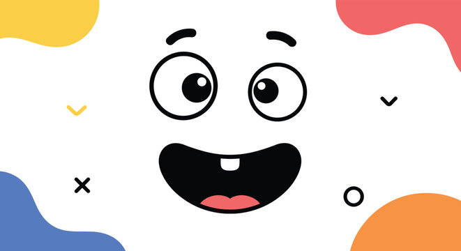 A cheerful and funny cartoon face with wide eyes and a missing front tooth smiles widely against a vibrant background of colorful abstract shapes.