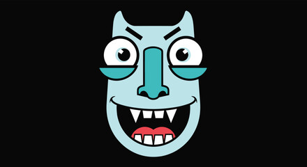 Light blue cartoon monster face with wide eyes, horns, sharp teeth, and a mischievous grin on a black background.