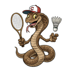 Cartoon snake poses with sporting equipment items.