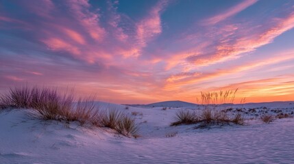 Vibrant colors fill the sky as the sun sets over vast white sand dunes. Silhouettes of grasses emerge against the backdrop of a breathtaking twilight scene.