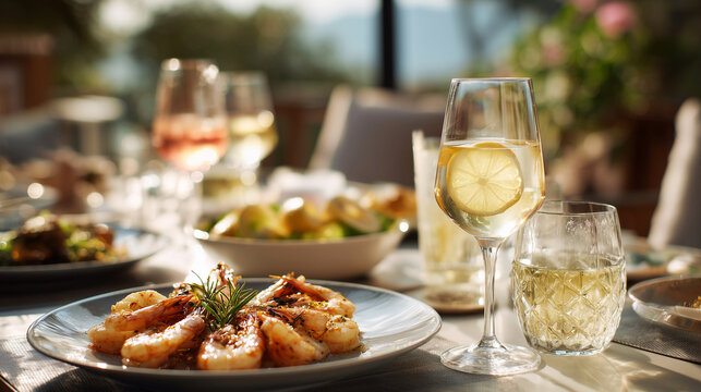 the restaurant tables, garlic shrimp and drinks