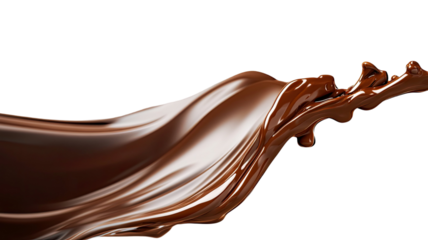 Dynamic flow of glossy milk chocolate captured in smooth liquid motion showing rich swirl texture and creamy movement isolated on white background