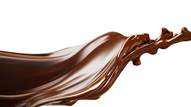 Dynamic flow of glossy milk chocolate captured in smooth liquid motion showing rich swirl texture and creamy movement isolated on white background